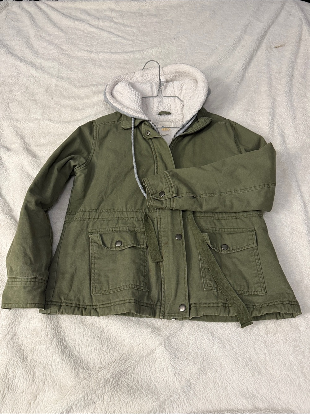 Kids Hooded Sherpa-Lined Olive Green Raincoat